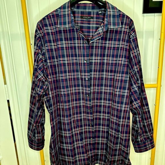 SYNRGY Long Sleeve Button Front Navy Blue and Red Plaid Shirt - Picture 2 of 5